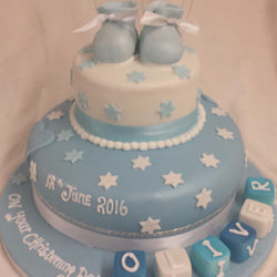 Two Tier Blue Booties Christening Cake